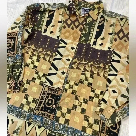 Details Express Womens Vintage 90s Silk Oversize Shirt Size L Brown Gold Funky - Picture 11 of 16